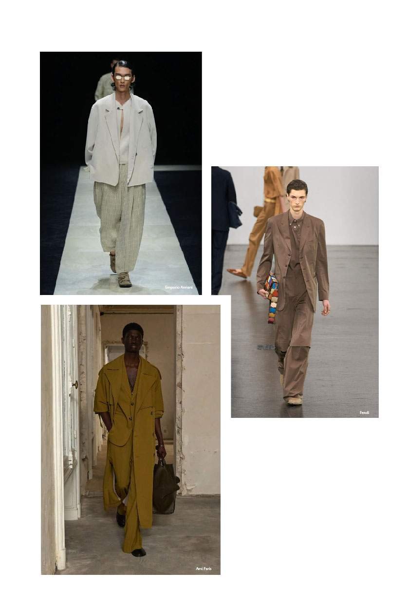 Three menswear runway looks from SS25 showcasing tone-on-tone tailoring in beige, grey, and brown hues.