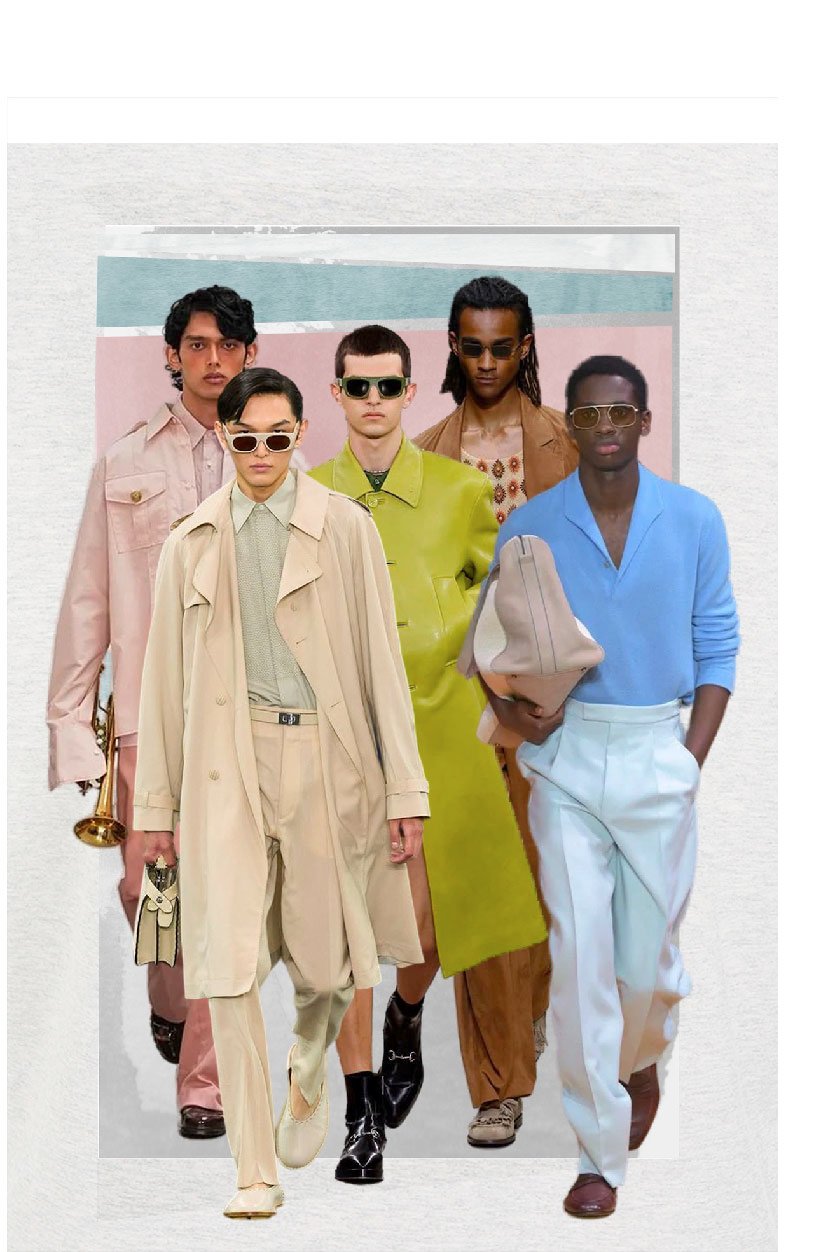 Men's outfit with S/S 2025 trend colors: Transcendent Pink, Panna Cotta, Ice Blue, Sage Green, and Sepia Tone
