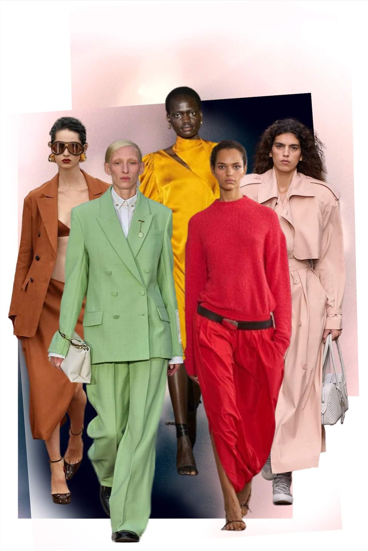 Spring Summer 2025 colour trends for men, featuring Mocha Mousse, Powder Pink, Mint Green, Bold Red, and Marigold shades