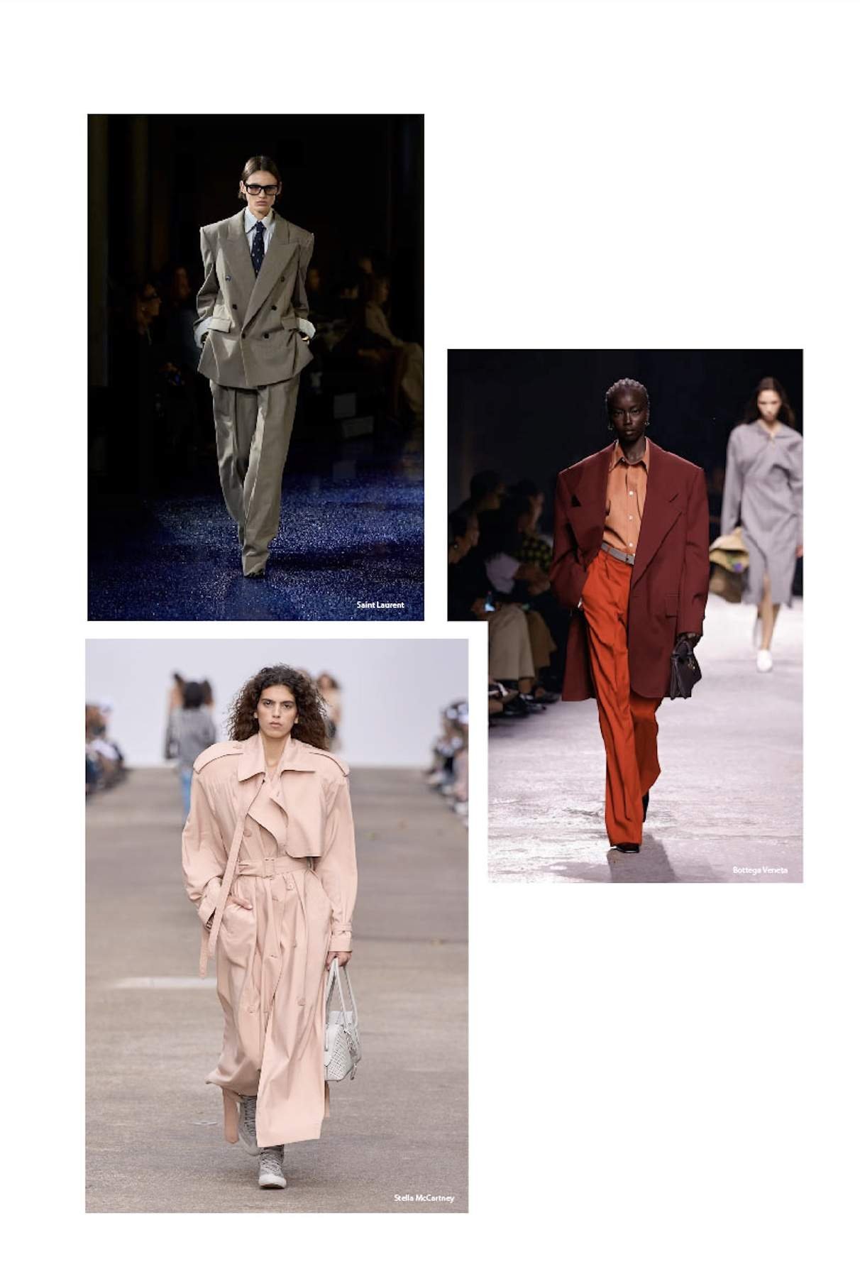 SS25 runway look featuring 80s-inspired power dressing with oversized blazers, sharp tailoring, and leather accents, showcasing the rise of workwear this season