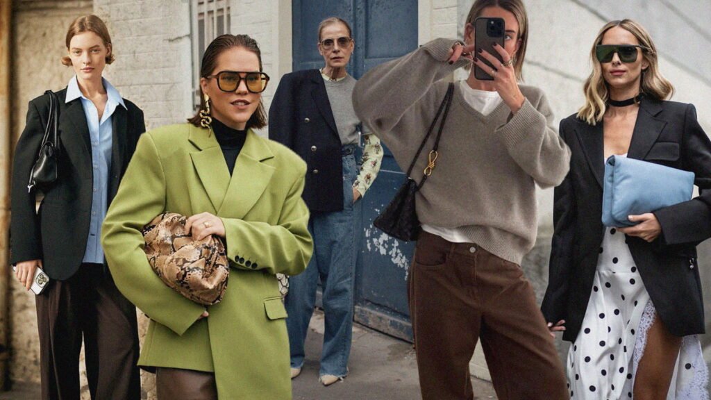 A professional collage of well-dressed fashionistas showcasing how to mix and match your clothes using different textures, colors, and layers in a streetstyle context